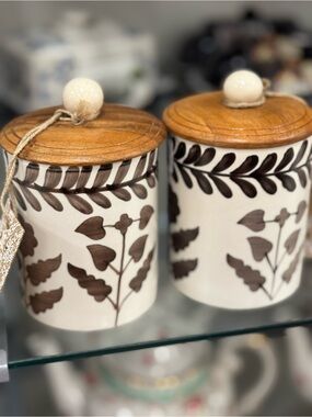 Ceramic Canister Set with Wooden Lids - Brown Leaf Motif